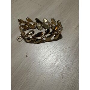Vintage Monet Gold Tone Leaf Link Bracelet with Safety Chain Polished Finish